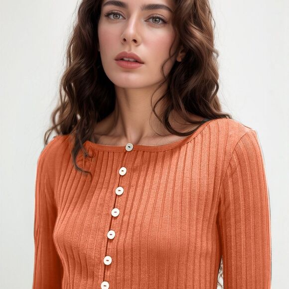Basic Bae Texture Button Up Ribbed Fittes Cardigan Top Orange - Picture 3 of 4